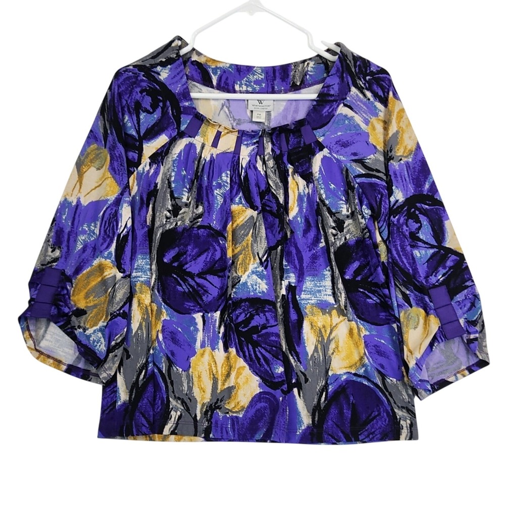 Worthington Purple Floral Blouse PM Petite Medium Boho Artsy Career Office Top